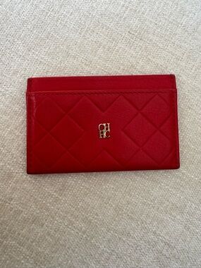 Carolina Herrera Quilted Red Leather Card Case with Gold CH Logo